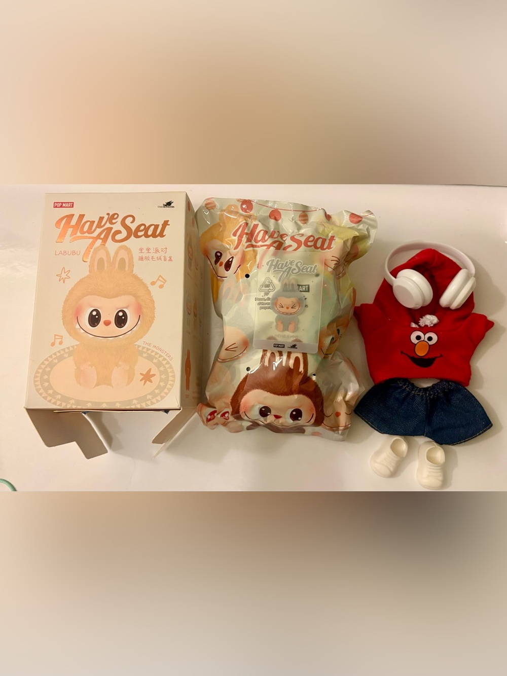 Sealed “Hehe” • Have a Seat Labubu • Elmo 4 Piece Fit! Old school sealed bag!
